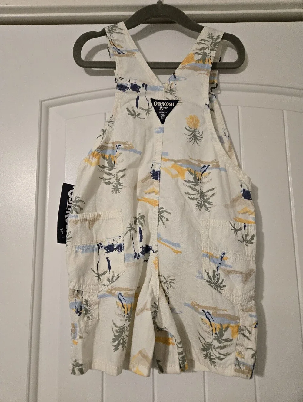 OshKosh B'gosh Cream Tropical Print Short Overalls with Blue and Yellow Accents